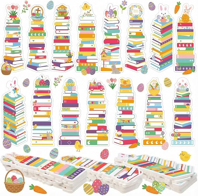 Kolldenn 150 Pcs Book Tracker Bookmarks Bulk 6.3 x 1.97 Inch Bookshelf Love to Read Bookmarks Paper Tracking Double Sided Reading Page Markers for Back to School Reading Lover(Easter)