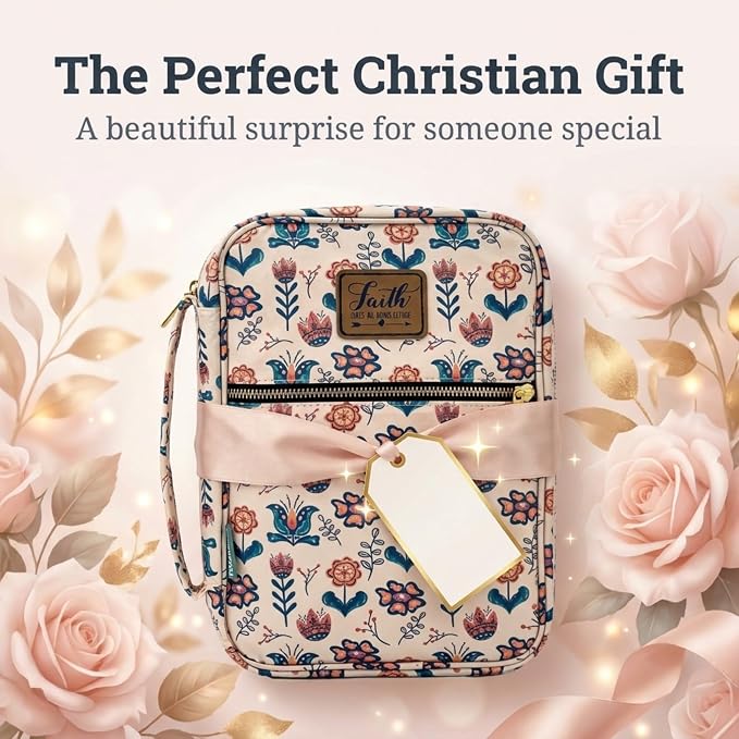Performore Bible Cover Case for Women and Girls, Large Floral Church Bag with Handle and Pockets, Water-Resistant Zippered Carrying Case, Fits Study Bibles 10.2 x 7.5 x 2.7 In, Christian Gifts