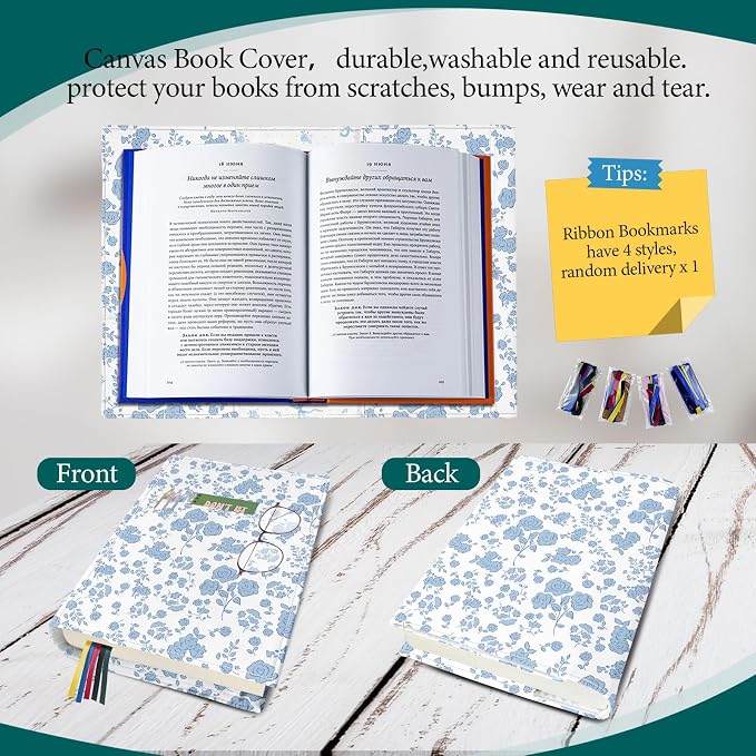 Blue Floral Paperback Book Cover Protector,Washable Soft Canvas Fabric Book Covers with Bookmark,Adjustable Double Side Print Book Dust Jacket Covers for Hardcover Novel Book Lovers Gift