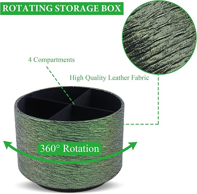 Round Leather Art Supply Organizer,Remote Control Holder,360-degree Rotating Pen Organizer with 4 Compartments(1-Light Tree Green)