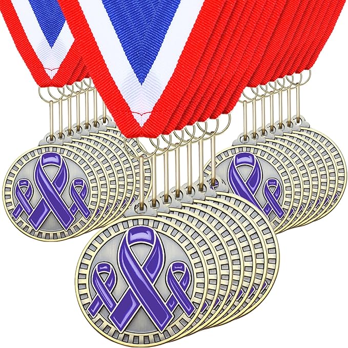 30 Pcs Ribbon Awareness Medals Breast Cancer Awareness Ribbon Gifts 2" Domestic Violence Trophy Medal with Neck Ribbons for Women Girl Charity Recognition, Survivor Movement(Purple)