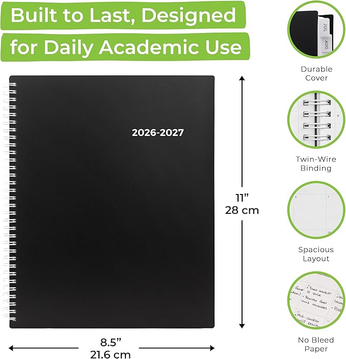 WallDeca Academic Planner 2026-2027, Daily, Weekly & Monthly Planner, July 2026 - June 2027, Student Notes Pages, Twin-Wire Binding Day and Weekly Agenda for School & Work (8.5 x 11-Inches, Black)