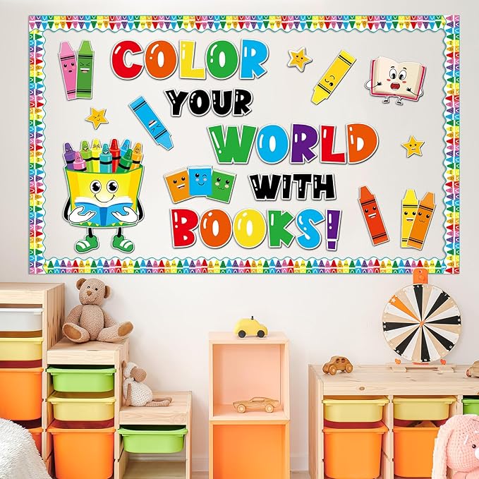gisgfim Colorful Crayon Bulletin Board Decorations Reading Crayon Paper Cutouts Motivational Books Bulletin Board Set for Back to School Teacher Students Door Wall Chalkboard Decor Supplies