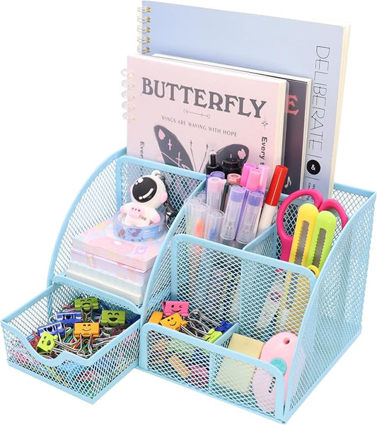 Boutilon Mesh Desk Organizer Desktop Office Supplies Stationary Organizer with 6 Compartments and 1 Drawer Multi-Functional Caddy Pen Holder for Home Office School Desk Decor(Light Blue)