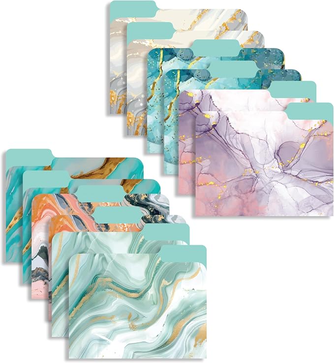 Decorative File Folders 1/3 Cut Tab, 12 Pack Marble Design, Heavyweight Laminated Letter Size (9.5” x 11.5”), Stylish Fashion File Folders for Home, Office & School Organization (Marble)