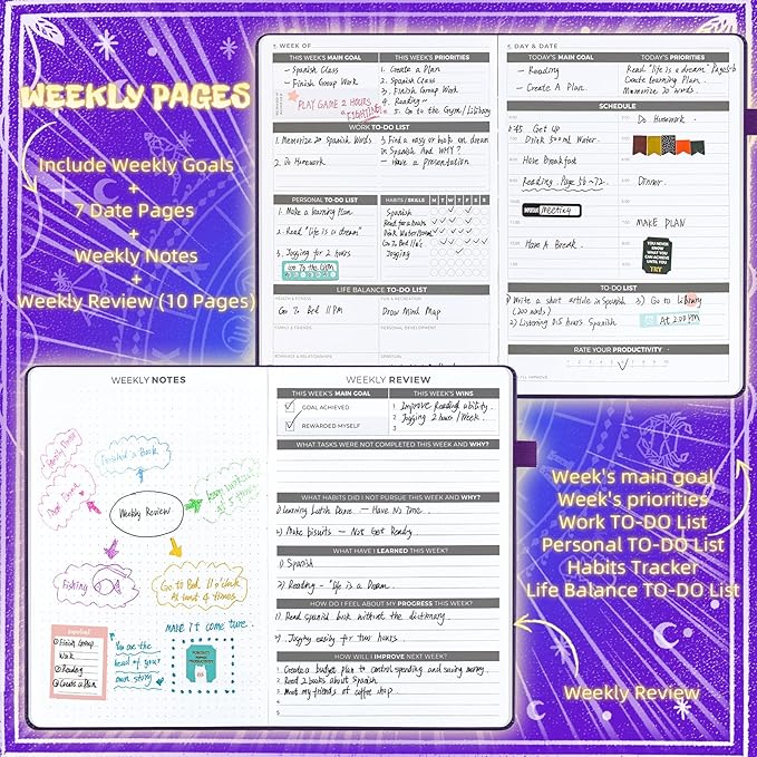 Undated Academic Planner Hardcover (5.5x8.5") - Flexible Weekly & Monthly Organizer with Stickers, Productivity Journal for Students & Professionals(Purple)