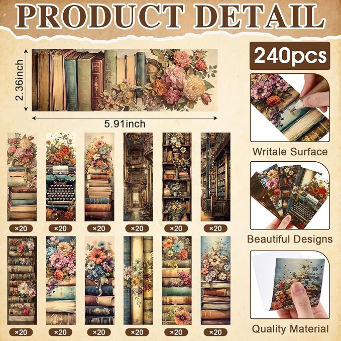 Faccito 240 Pcs Funny Bookmarks Gift Bulk 5.9 x 2.4 Inches Book Club Gift Bookish Gifts Reading Tracker for Women Book Lover Teacher Library Party School Library(Vintage)