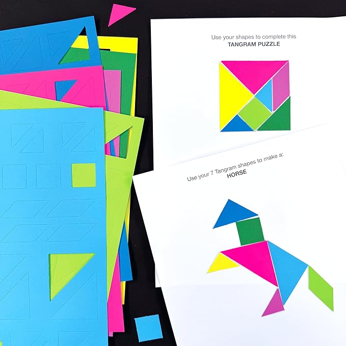 714 Pcs Tangram Shapes Easy Punch-Out Math Manipulatives for Learning Multicolor Triangles, Squares, Parallellograms Easy-Punch Paper Shape Cutouts in 7 Bright Colors US Made Card Stock
