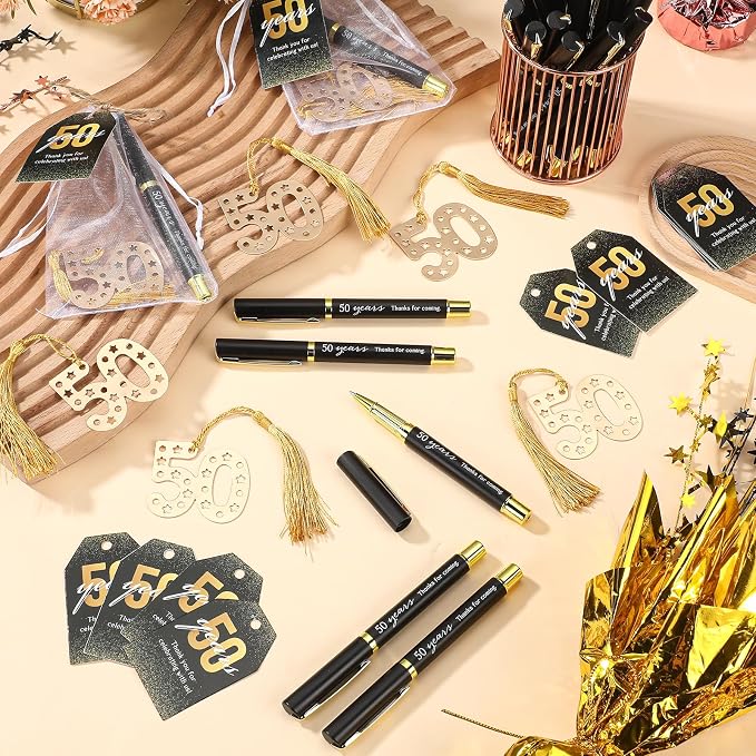 Spakon 25 Set 50th Birthday Party Favor for Guest Anniversary Party Favor Golden Birthday Bookmark Thanks Coming Pen with Tag Appreciation Gifts for Fathers Day Women Men Wedding Anniversary