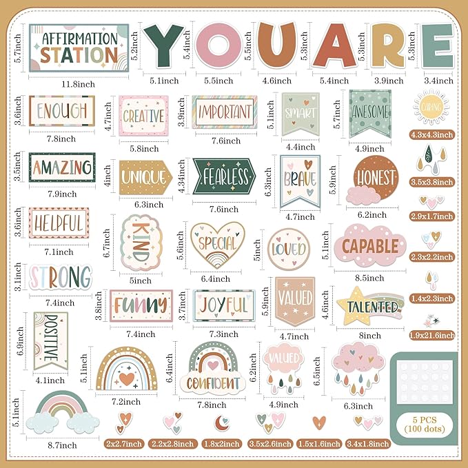 45pcs Boho Affirmation Station Bulletin Board Set Motivational Posters Classroom Mirror Growth Mindset Decor Positive Affirmations Accents Cutouts for School Office Home Teacher Wall Supply