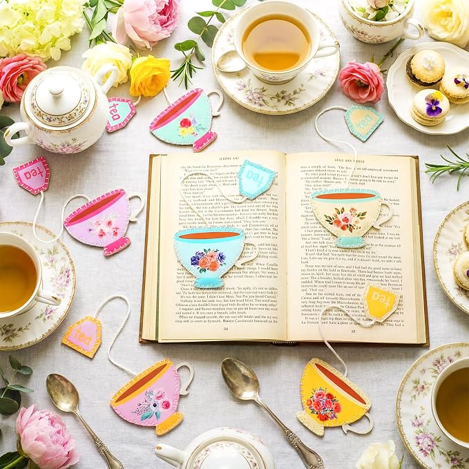 Resurhang 12 Pcs Tea Bag Bookmarks Tea Party Favors Cute Hand Embroidered Teapot Bookmarks Gift for Spring Holiday Teacher Women Book Reading Lovers Gift Book Marks (Retro)
