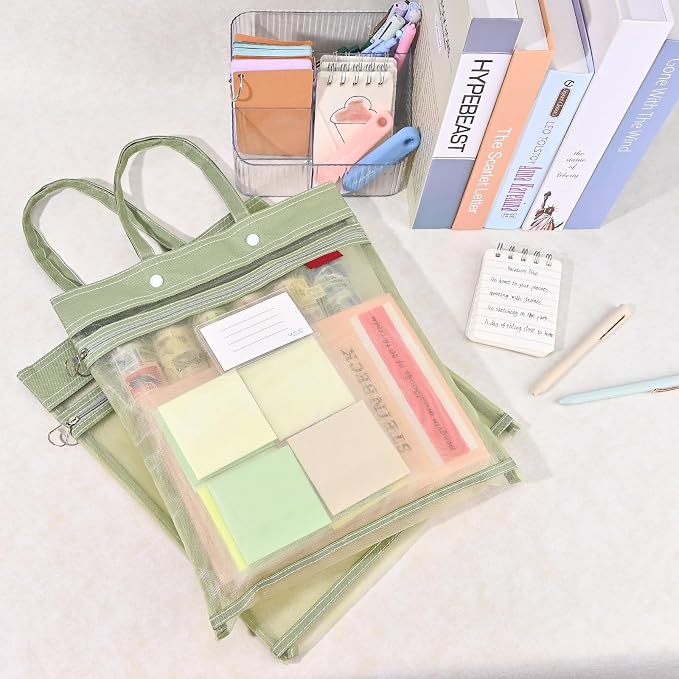 2-Pack Mesh Zipper Pouch Bags with Handles, Double-Layer Nylon Document Bag with Label Pocket, File Storage Pouches for Office Supplies School Travel (Green)