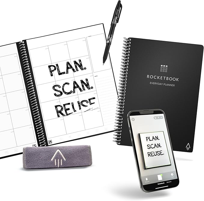 Rocketbook Smart Reusable Everyday Planner, Undated Weekly, Monthly, Annually, For Scheduling, Executive Size, 6x8.8, Black