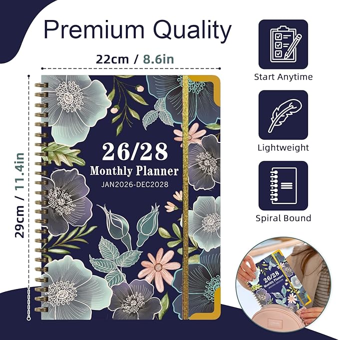 3 Year Monthly Planner 2026-2028 9'' x 11'' with 36 Monthly Tabs 3 Year Calendar 2026-2027-2028 Great for Long-Term Planning (Navy blue)