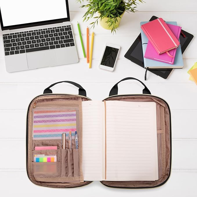 Teamoy Journal Supplies Storage Case, Journal Supplies Holder with Pen Slots, Travel Organizer Holder for B5 Notebooks, Planner, Pens, Journal Supplies and Accessories, Black Quilted