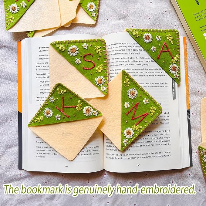 Personalized Hand Embroidered Corner Bookmark, Bookmarks for Women, Personalized Bookmark for Book Lovers, Cute Flower Book Mark by HNQCPCVU (H, Green)