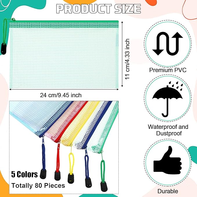 Handepo 80 Pieces Mesh Zipper Pouch Waterproof Pencil Pouch Zipper Plastic Zip File Document Folders for Office Home School