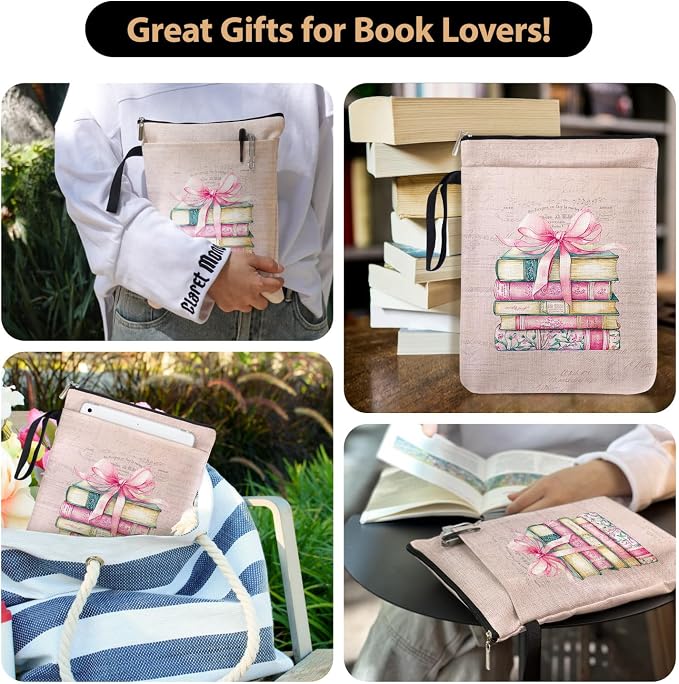 Romantic Reading Accessory Book Sleeve for Women Teen Reader, Pink Bow & Vintage Book Cover Gifts for Book Lovers with Zipper and Handle