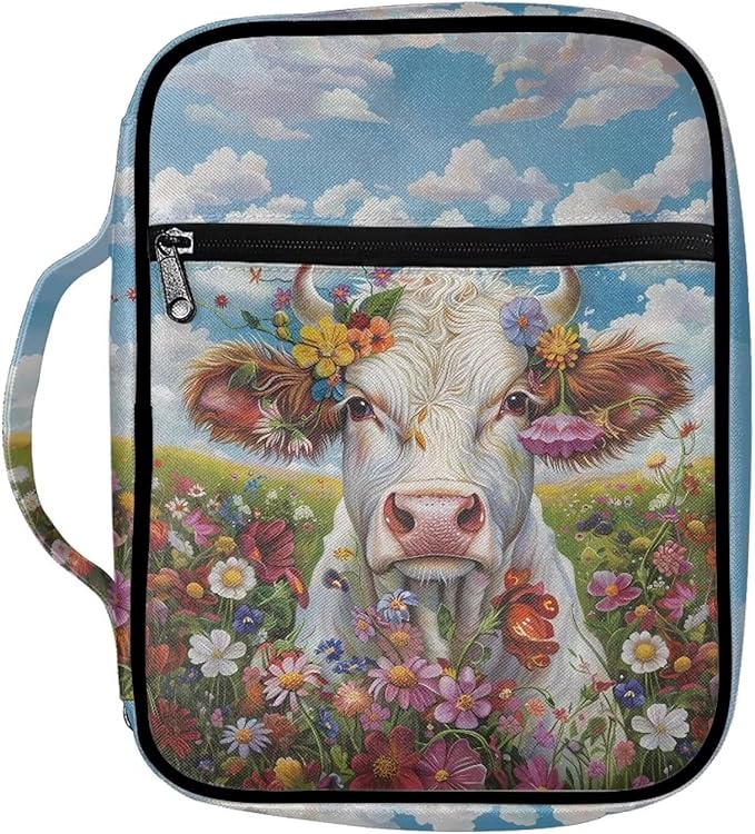 Suobstales Cow Daisy Flower Print Bible Covers for Women Men,Carrying Book Bible Case Church Bag Lightweight Bible Bag Bible Protective with Handle and Zippered Pocket