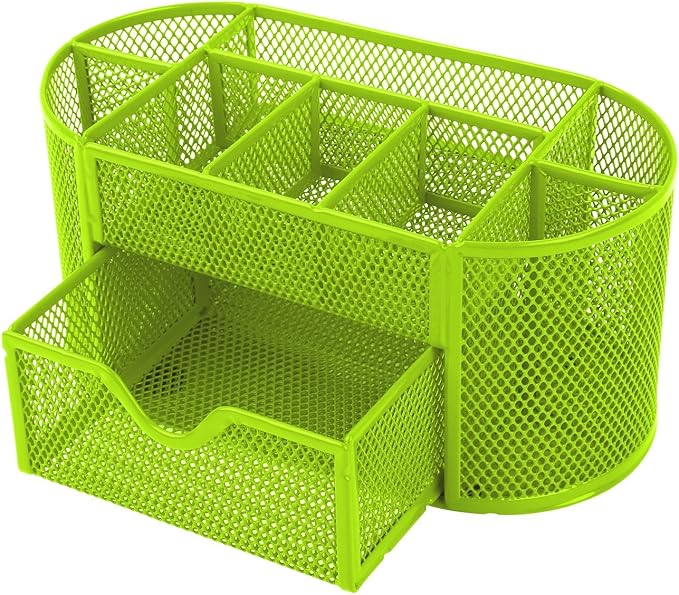 GPCT Office School Home/Teacher Supplies Mesh Desk Pen Organizer. Comes W/ 4 Pencil Cups For Highlighters/Pens/Sharpie, 4 Square Compartments For Paper Clips/Sticky Notes & 1 Supply Drawer- Green