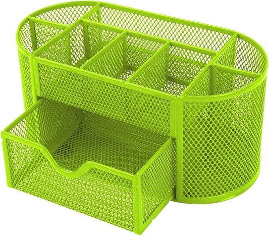 GPCT Office School Home/Teacher Supplies Mesh Desk Pen Organizer. Comes W/ 4 Pencil Cups For Highlighters/Pens/Sharpie, 4 Square Compartments For Paper Clips/Sticky Notes & 1 Supply Drawer- Green