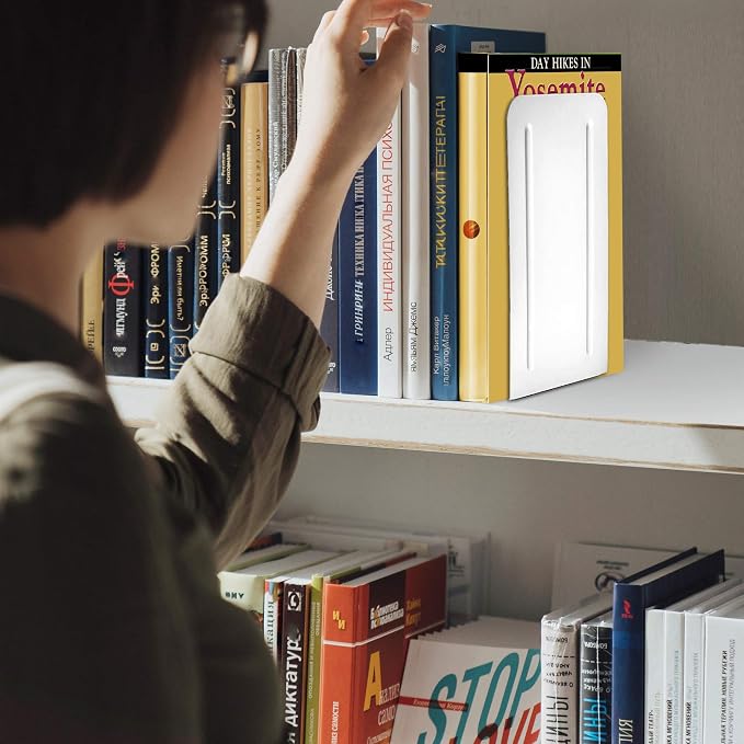 Acrimet Bookends for Shelves, Heavy Duty Steel Metal Book Ends, Non-Skid Book Stopper, Book Storage Holder for Home, Library, Jumbo Large Size 9" H x 4" W x 4 1/2" D, (White) (1 Pair / 2 Pieces)