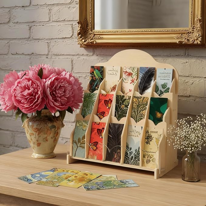 Ebrima Bookmark Display Stand, Wood Bookmark Holder Display for 2”, Adjustable Stand, 15 Compartments, Portable Versatile Holder for Vendor, Craft Fairs, Retail Store Shop, Home decor