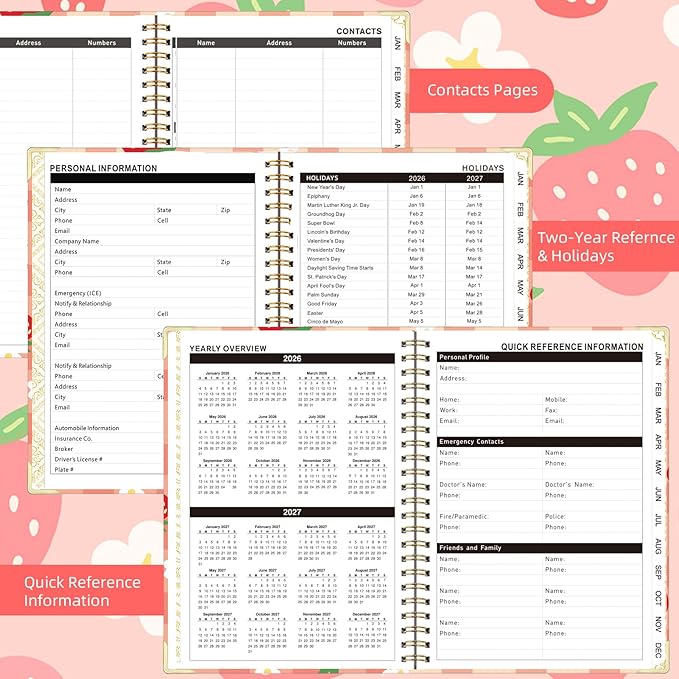 2026 Planner, Jan.2026 - Dec.2026 Planner Weekly and Monthly 6.25"x8.5" with with Page Tabs, Calendar Hardcover with Inner Pocket, Elastic Band, Twin-Wire Binding, Bookmark, Strawberry Flower