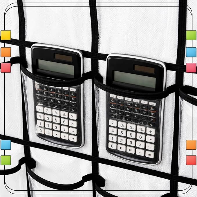 36 Pocket Calculator Holder for Classroom Calculator Storage Organizer over The Door Hanging Storage Rack with Clear PVC Pockets, Number Stickers for Back to School Exam Room