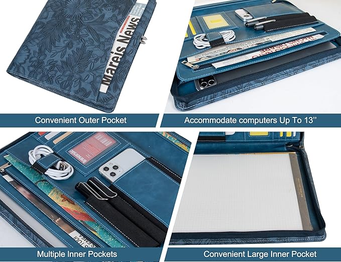 Free Engraved Name, Personalized Portfolio, PU Leather Resume Zippered Padfolio, Business Document Organizer Folder with A4 Notepad Holder, Custom Printing Gift for Woman/Men, Customized(Dark Blue)