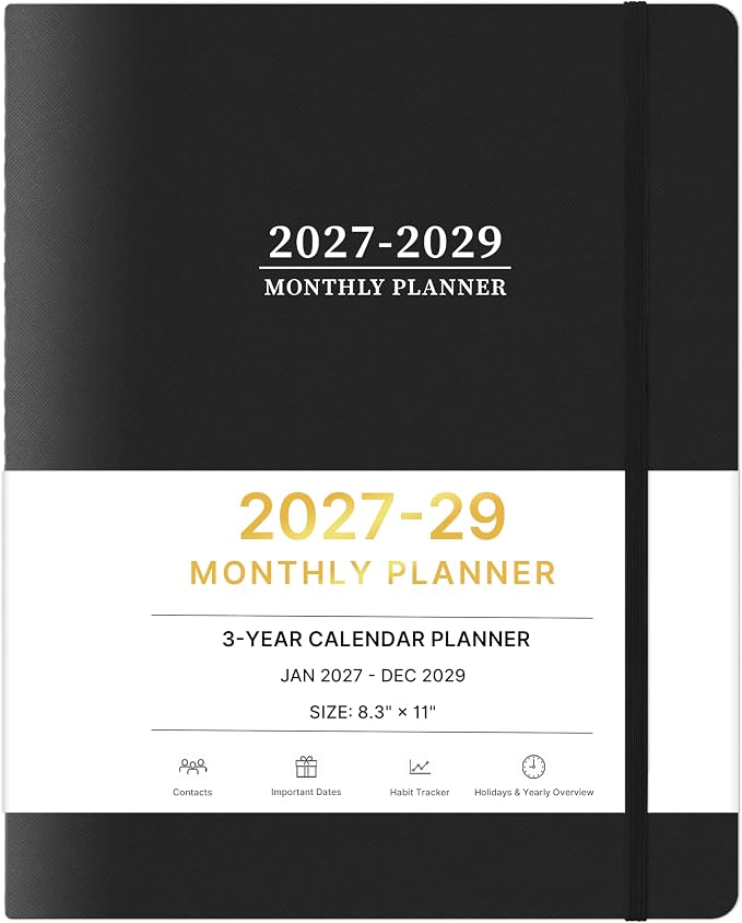 2027-2029 Monthly Planner, 3 Year Calendar Planner, Jan 2027 - Dec 2029, 8.3'' x 11'', 36 Months, Embossed Cover, with Printed Tabs ＆Pocket, Elastic Closure, Organizer for Office Home School, Black