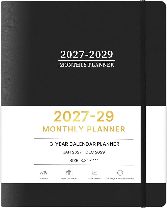 2027-2029 Monthly Planner, 3 Year Calendar Planner, Jan 2027 - Dec 2029, 8.3'' x 11'', 36 Months, Embossed Cover, with Printed Tabs ＆Pocket, Elastic Closure, Organizer for Office Home School, Black