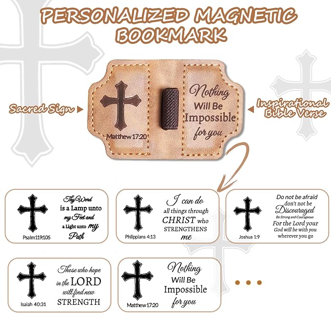 Bygone Mark Personalized Magnetic Leather Bookmark with Pen Holder,Inspirational Bible Verse Religious Bookmarks,Christian Book Lovers Reading Accessory for Men Women (Brown, Matthew 17:20)