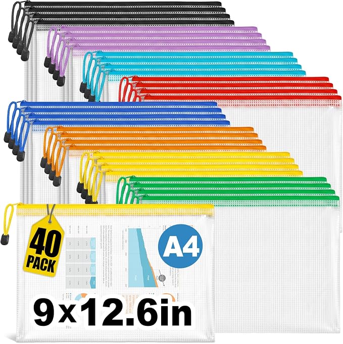 Jumlys 40 Pack Mesh Zipper Pouch Bags, A4 Mesh Bags with Zippers in 8 Color, Waterproof Zip File Folder Pouch for Organization Storage, Letter Size Zippers Bag for Classroom/Home/Office