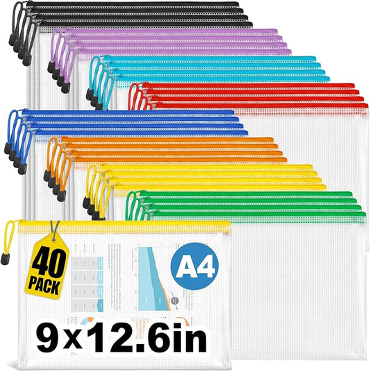 Jumlys 40 Pack Mesh Zipper Pouch Bags, A4 Mesh Bags with Zippers in 8 Color, Waterproof Zip File Folder Pouch for Organization Storage, Letter Size Zippers Bag for Classroom/Home/Office