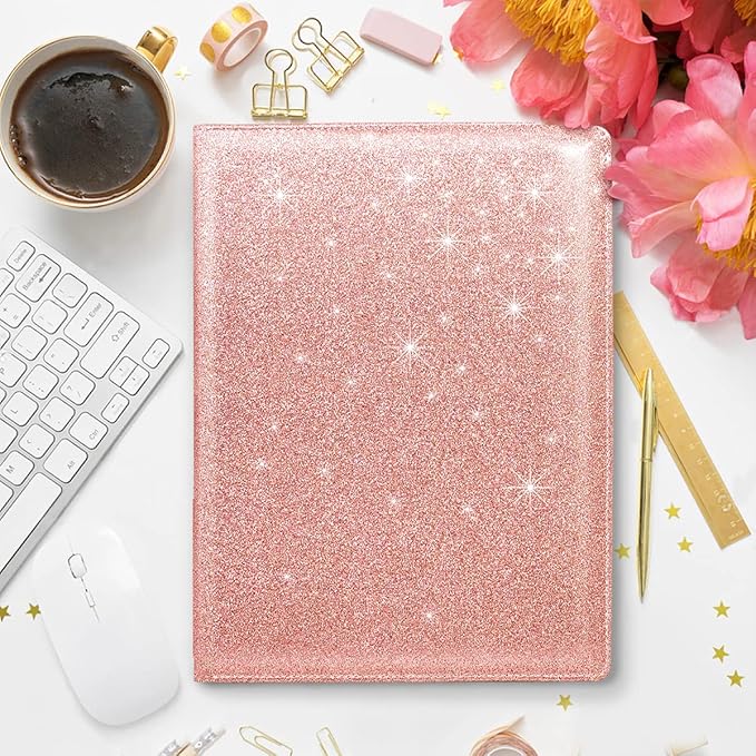 Padfolio/Resume Portfolio Folder Glitter Pink for Women,WAVEYU Cute Pink Padfolio Cover Folder, Conference/Legal Document Organizer with Letter/A4 Size Clipboard, Document Sleeve