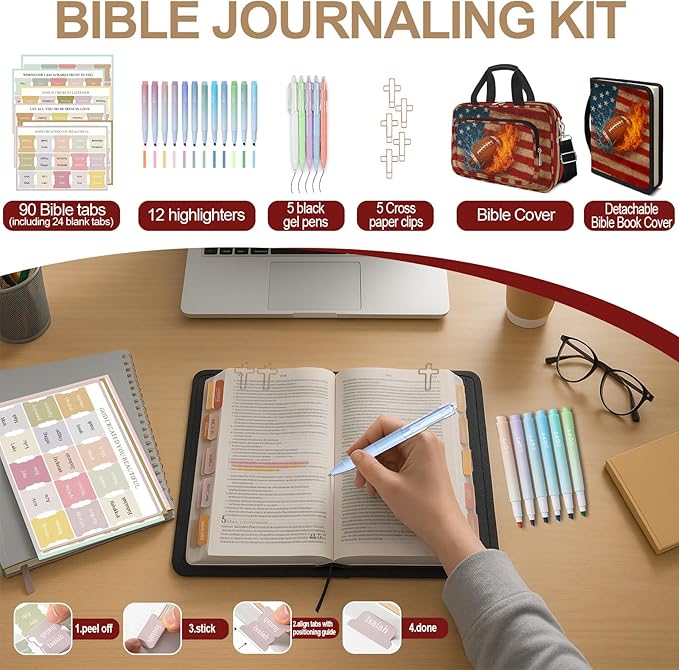 American Flag Football Bible Cover Case for Men Boys, Rugby Large Kids Bible Bag Book Carrying Case with Handle Zipper Pocket, Bible Study Supplies Journaling Kit Highlighters Pens Cross Clips