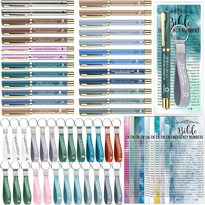 Feifeiya 25 Sets Father's Day Christian Church Gifts Bulk Bible Verse Plastic Gel Pen Religious Silicone Keychains Scripture Bookmarks for Men Women Empowerment Sunday Study Group Gifts(Colorful)