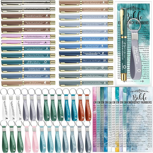 Feifeiya 25 Sets Father's Day Christian Church Gifts Bulk Bible Verse Plastic Gel Pen Religious Silicone Keychains Scripture Bookmarks for Men Women Empowerment Sunday Study Group Gifts(Colorful)