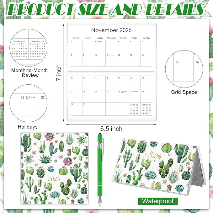 Gueevin 2026 Pocket Calendar for Purse with Pen Small Pocket Planner Handy Weekly Monthly Planner Journal Writing Notebook Valentine New Year Gift Sister Friend Women(Succulent,Green)
