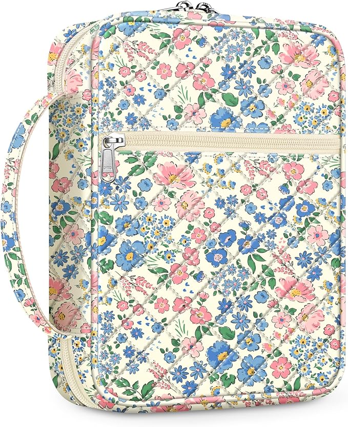 FINPAC Bible Cover, Carrying Book Case Church Bag Bible Protective with Handle and Zippered Pocket, Gift for Mother Lady Women, Floral Beige