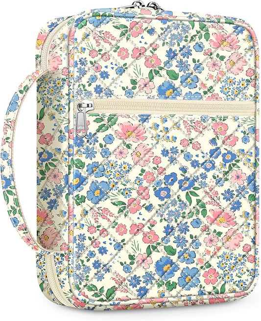 FINPAC Bible Cover, Carrying Book Case Church Bag Bible Protective with Handle and Zippered Pocket, Gift for Mother Lady Women, Floral Beige