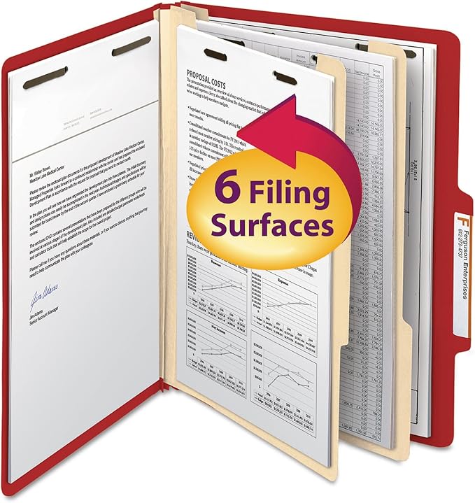 Smead Classification Folder with Prongs, 2 Dividers, 2" Fasteners, Letter Size, for Documents Organization, Durable File Organizer for Home, School or Office, Red (14003)