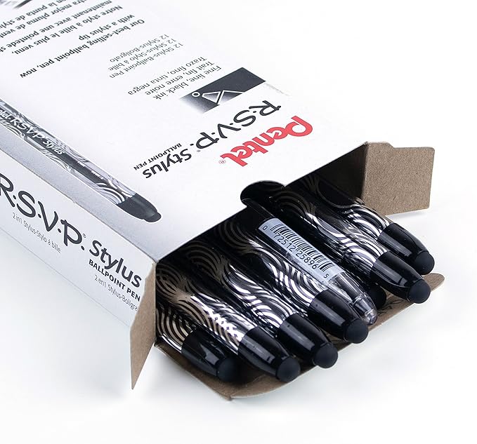 Pentel RSVP STYLUS Ballpoint Pen, Fine Line, Black Ink (BK90L-A) (12 count)