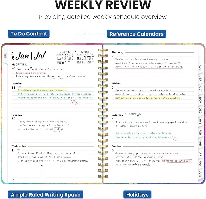 Planner 2026–2027, Academic Planner Weekly and Monthly Calendar Jul 2026 – Jun 2027 Hardcover Planner with Tabs and Pocket, Spiral Bound Agenda Book for Student & Teacher, 8.5" x 11", Color Splash