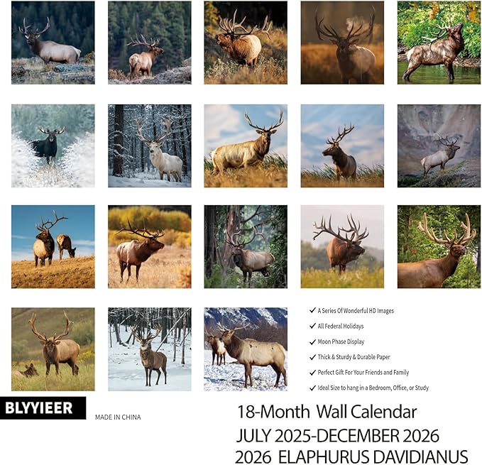 2026 Wall Calendar,Calendar 2025-2026,Elaphurus davidianus Monthly Wall Calendar, 12" x 24" Open,Family Planner Calendar, Home & Office Organizer,Hangable