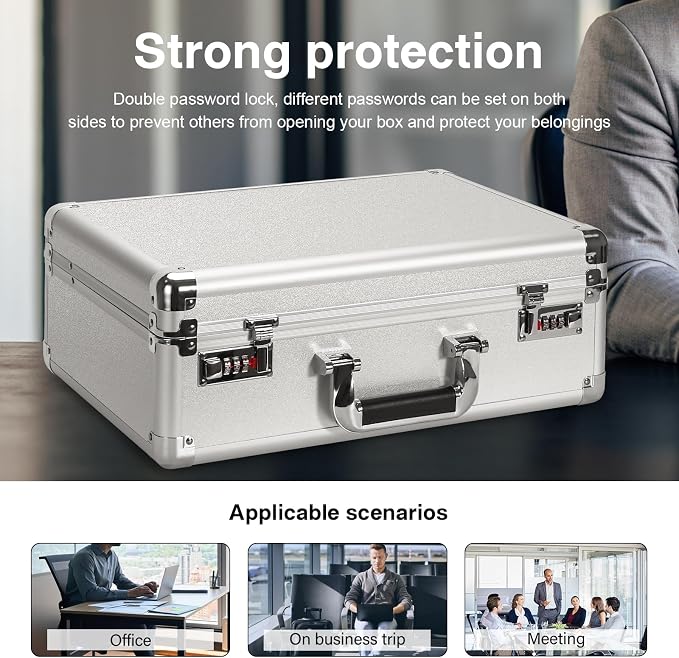 LOCKCURX File Organizer Storage Box - 18.9 x 14.6 x 6.3 Inch X-Large, Portable Locking Storage Totes with Dual Combination Locks for Cash, Documents & Valuables - Silver