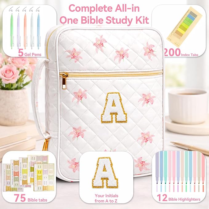 Bible Bag for Women, Bible Cover Case with Study Supplies, Initials Personalized Quilted Bible Bag, Large Chenille Bible Cover – Christian Gift for Girls (Pink Lilies-A)