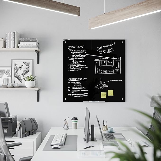 U Brands Glass Dry Erase Board, 36" x 36", 3'x3', Black Surface With Silver Grommets, Frameless, Includes Marker With Eraser
