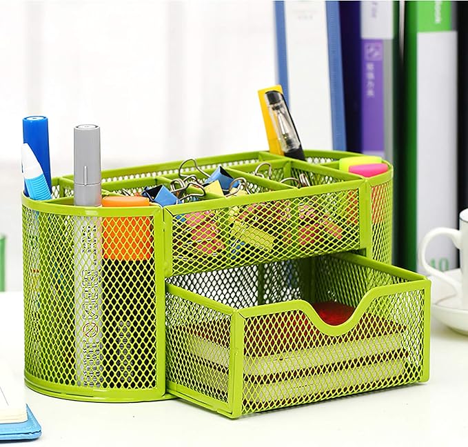 VANRA Metal Mesh Desk Supply Caddy Desktop Office Supplies Organizer Supply Holder 8 Compartments with Drawer (Green)